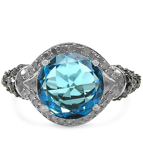 Bids.com 4.96 Carat Genuine Blue Topaz, Blue Diamond & White Diamond .925 Sterling Silver Ring Rings