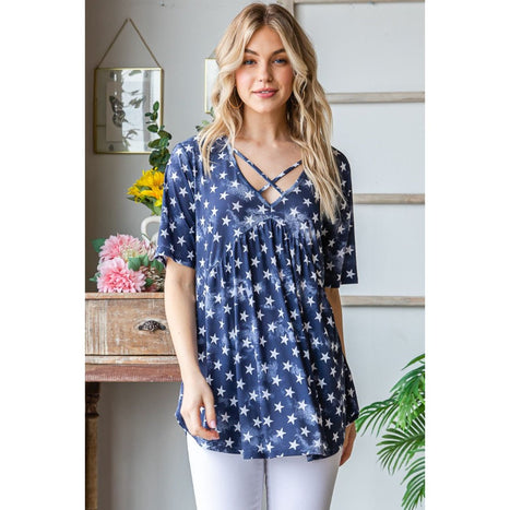 Heimish Short Sleeve Crisscross Star Babydoll Top