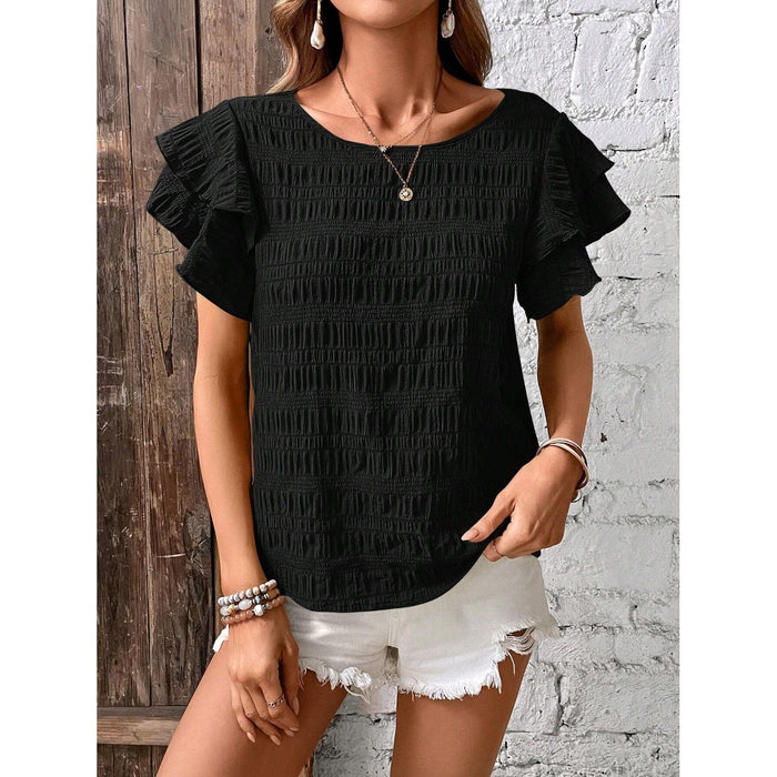 Round Neck Flounce Sleeve Blouse