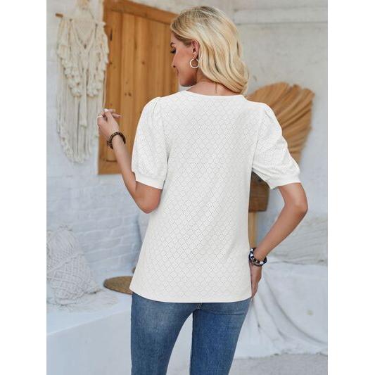 Eyelet Asymmetrical Neck Short Sleeve T-Shirt