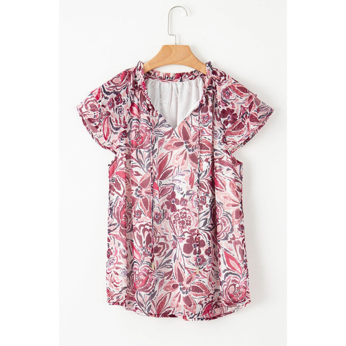 Printed Tie Neck Cap Sleeve Blouse