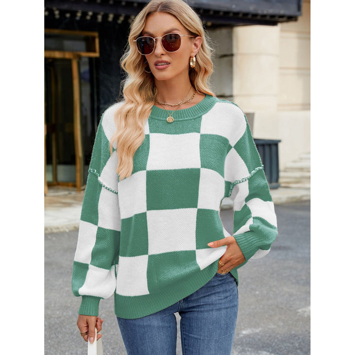 Checkered Round Neck Long Sleeve Sweater