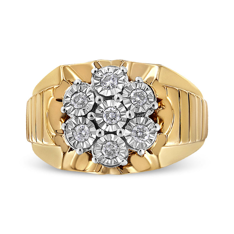 Bids.com Men's 14K Yellow Gold Plated .925 Sterling Silver 1/3 Cttw Miracle-Set Floral Diamond Cluster Ring (I-J Color, I1-I2 Clarity) - Size 10 Rings
