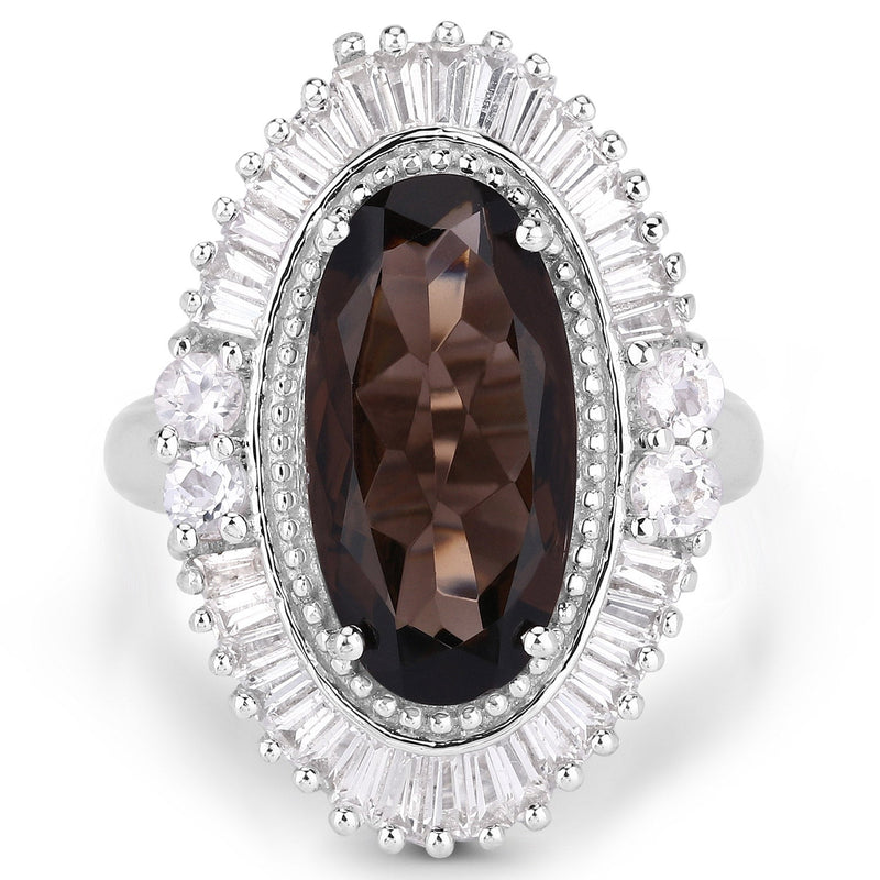 Bids.com 8.12 Carat Genuine Smoky Quartz and White Topaz .925 Sterling Silver Ring Rings