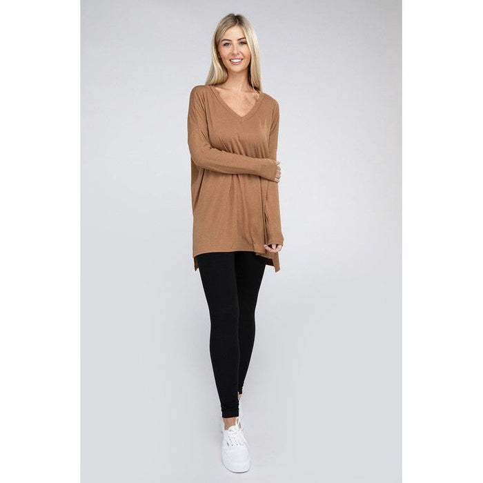 Dolman Long Sleeve V-Neck Side Slit Hi-Low Hem Top