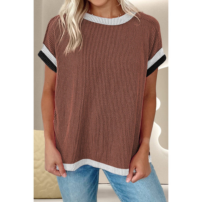 Color Block Round Neck Cap Sleeve T-Shirt