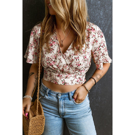 Printed Surplice Half Sleeve Blouse