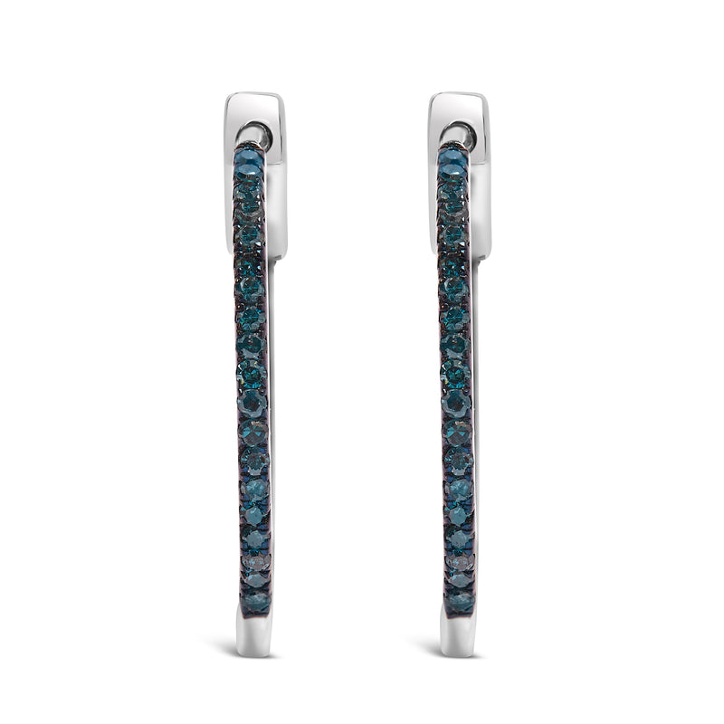 Bids.com .925 Sterling Silver 1/3 Cttw Inside Out Blue Treated Diamond 1MM Wide Hoop Earrings (Blue Color, I2-I3 Clarity) Earrings