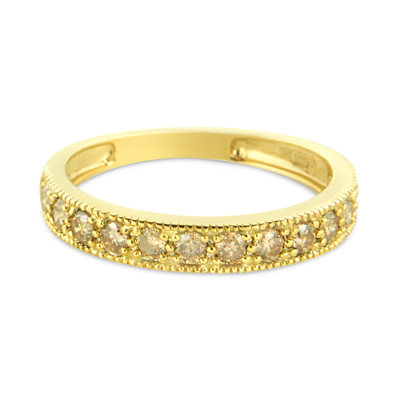 Bids.com IGI Certified 1/2 Cttw Diamond 10K Yellow Gold Prong Set Beaded Milgrain Band Style Ring (J-K Color, I2-I3 Clarity) - Size 7 Rings