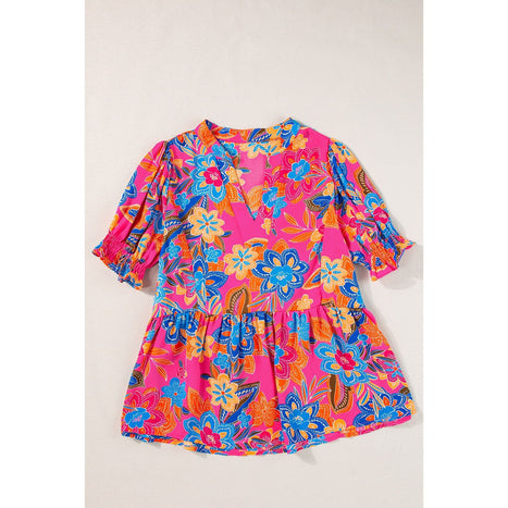 Peplum Printed Notched Short Sleeve Blouse