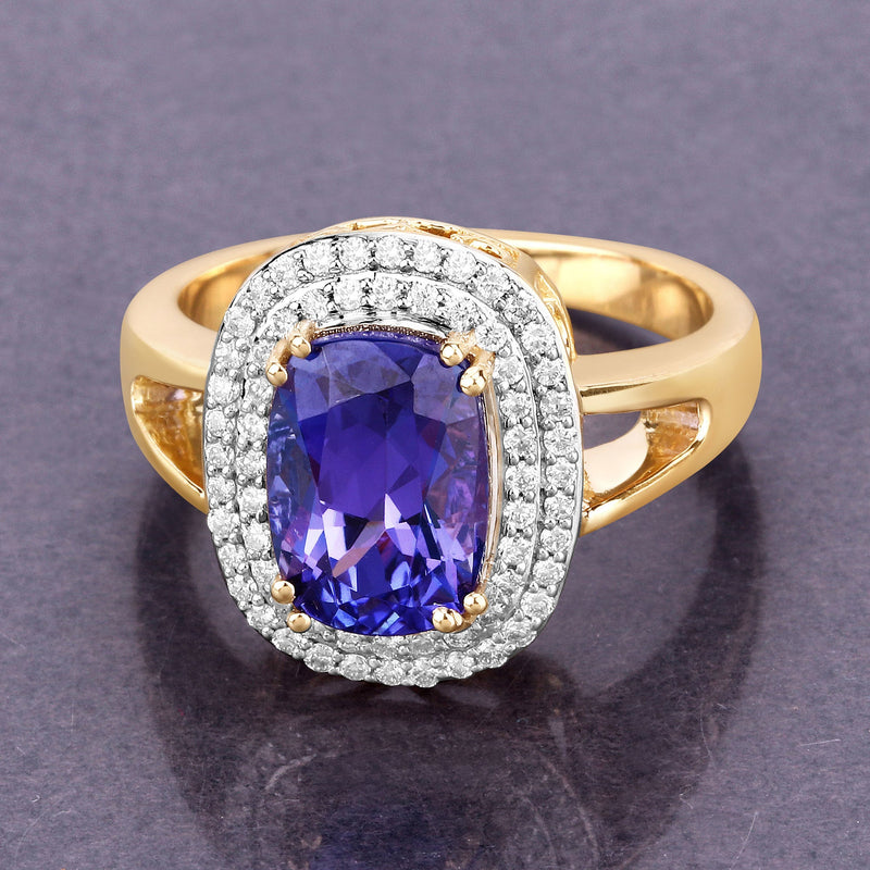 Bids.com 3.33 Carat Genuine Tanzanite and White Diamond 14K Yellow Gold Ring Rings