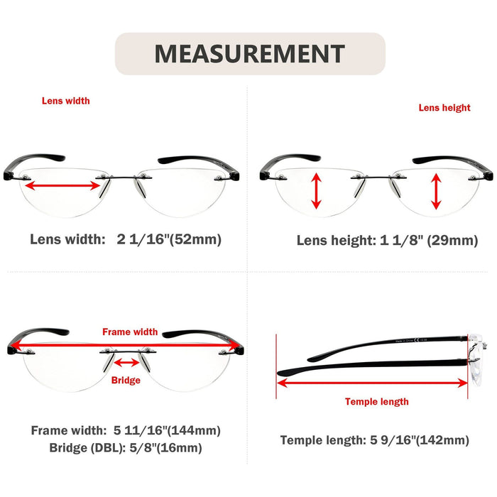 Eyekeeper - 4 Pack Rimless Reading Glasses Half Moon Readers R2202