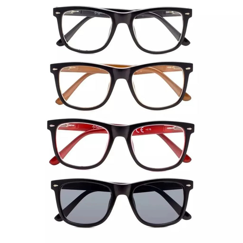 eyekeeper.com 4 Pack Square Large Lenses Reading Glasses Spring-Hinges Readers R080 Eyeglasses