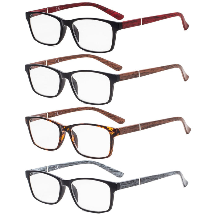 Eyekeeper - 4 Pack Stylish Reading Glasses With Wood-Look Arms Re19042