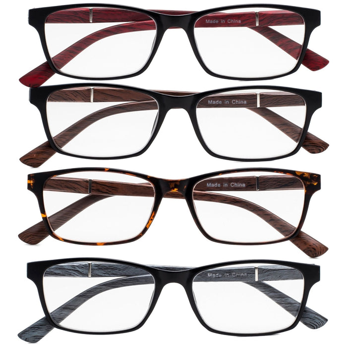 Eyekeeper - 4 Pack Stylish Reading Glasses With Wood-Look Arms Re19042