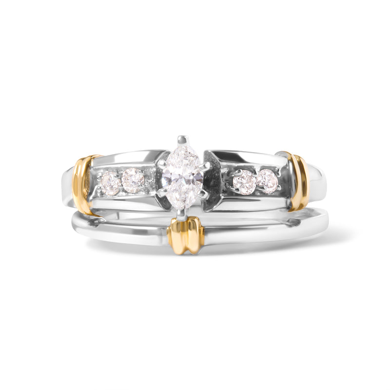 Bids.com 14K Yellow and White Gold 1/3 Cttw Marquise Diamond Cocktail Engagement Ring Set (H-I Color, SI1-SI2 Clarity) - Size 7 Rings