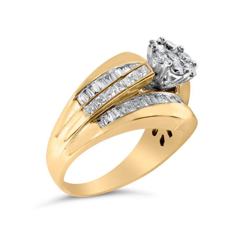 Bids.com 14K Yellow Gold 2-1/3 Cttw Diamond Cluster Channel Set Chevron Shaped Engagement Ring (H-I Color, SI1-SI2 Clarity) - Ring Size 7 Rings
