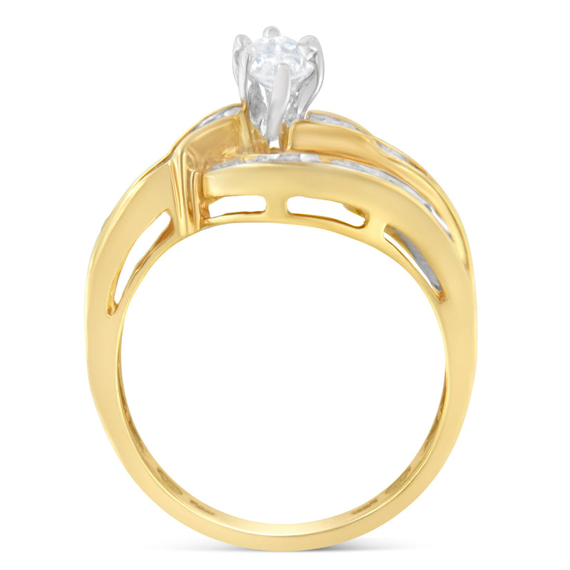 Bids.com 14KT Two-Toned Gold Marquise, Baguette and Round Cut Diamond Bypass Ring (1 cttw, H-I Color, SI1-SI2 Clarity) (Size 7) Rings