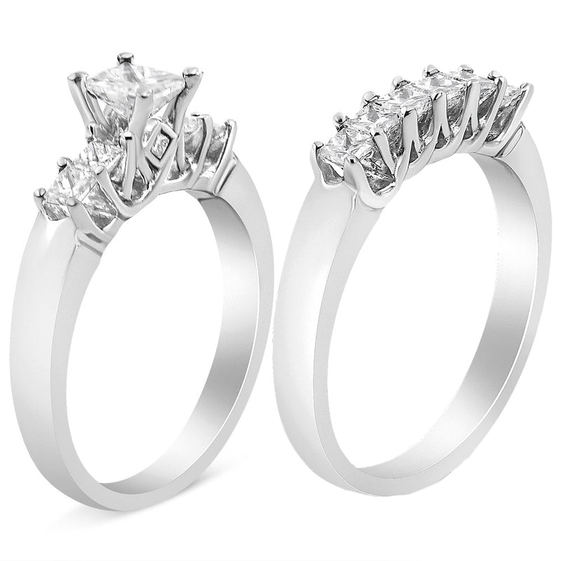 Bids.com 14K White Gold 1 1/2 Cttw 5 Stone Princess Diamond Engagement Wedding Ring Set (H-I Color, SI2-I1 Clarity) - Ring Size 7 Rings