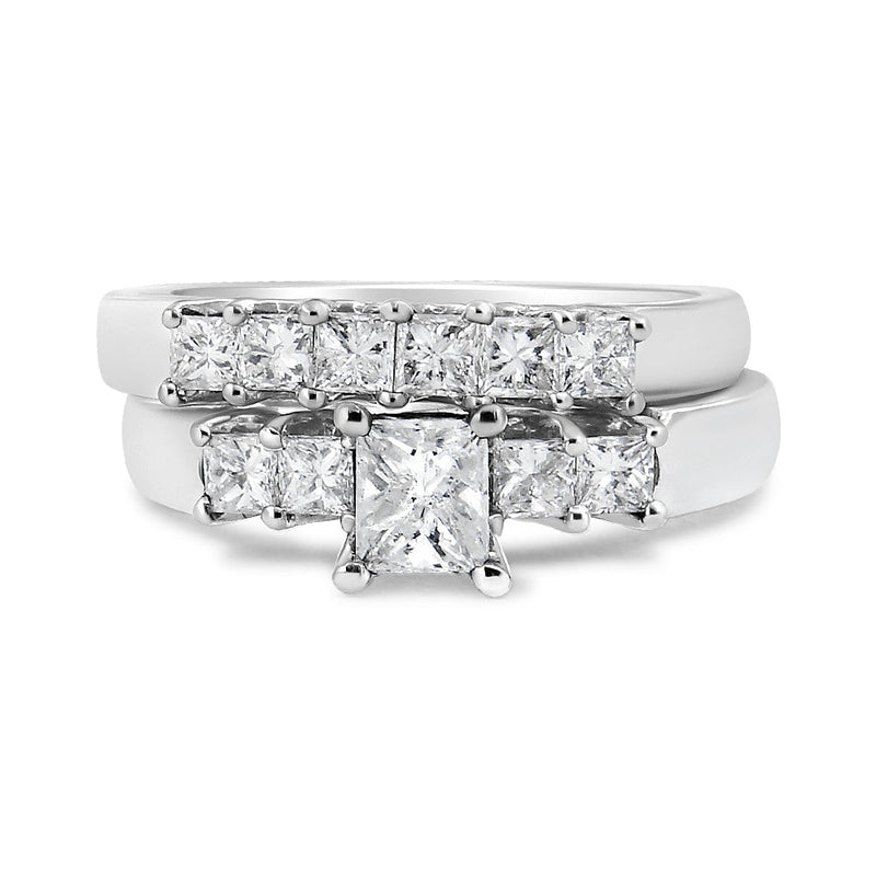 Bids.com 14K White Gold 1 1/2 Cttw 5 Stone Princess Diamond Engagement Wedding Ring Set (H-I Color, SI2-I1 Clarity) - Ring Size 7 Rings