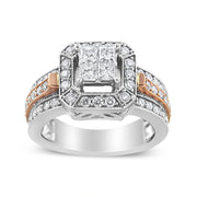Bids.com 14K White and Rose Gold 1 1/8 Cttw Princess and Round-Cut Diamond Art Deco Style Triple Shank Halo Cocktail Ring (I-J Color, SI2-I1 Clarity) - Size 7 Rings