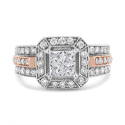 Bids.com 14K White and Rose Gold 1 1/8 Cttw Princess and Round-Cut Diamond Art Deco Style Triple Shank Halo Cocktail Ring (I-J Color, SI2-I1 Clarity) - Size 7 Rings