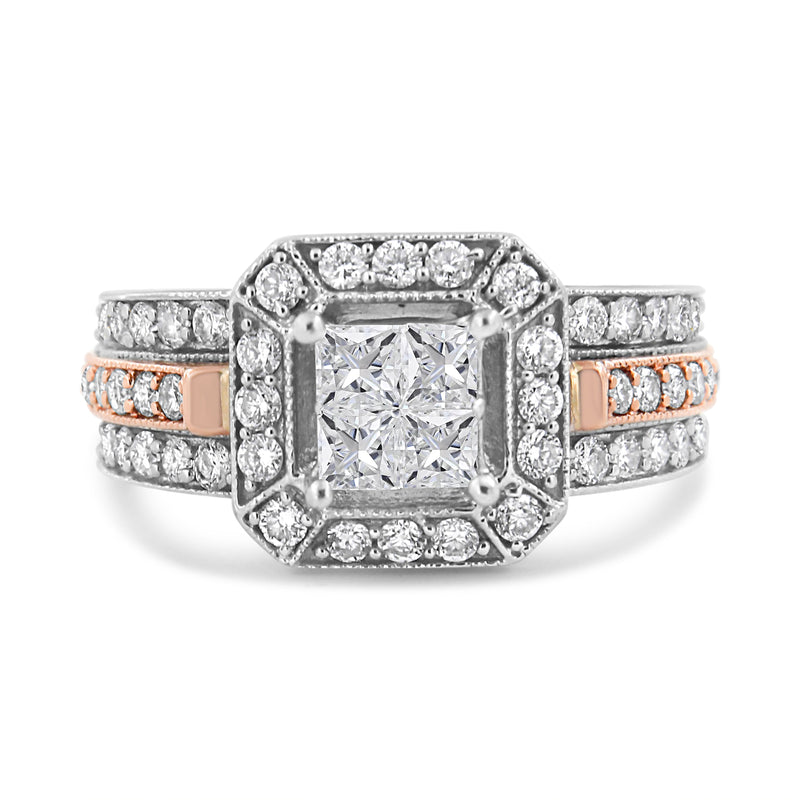 Bids.com 14K White and Rose Gold 1 1/8 Cttw Princess and Round-Cut Diamond Art Deco Style Triple Shank Halo Cocktail Ring (I-J Color, SI2-I1 Clarity) - Size 7 Rings