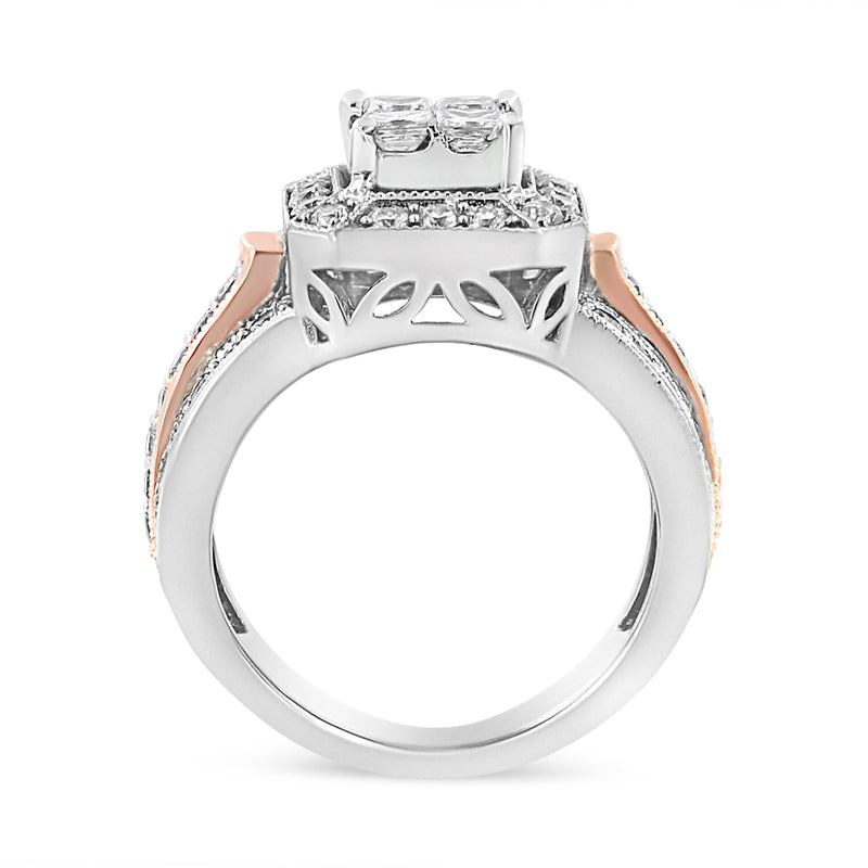 Bids.com 14K White and Rose Gold 1 1/8 Cttw Princess and Round-Cut Diamond Art Deco Style Triple Shank Halo Cocktail Ring (I-J Color, SI2-I1 Clarity) - Size 7 Rings