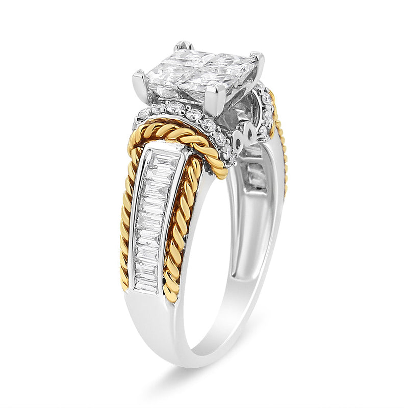 Bids.com 14K White and Yellow Gold 1 1/2 Cttw Invisible Set Princess-Cut Diamond Quad Style Engagement Ring (H-I Color, SI2-I1 Clarity) - Ring Size 7 Rings
