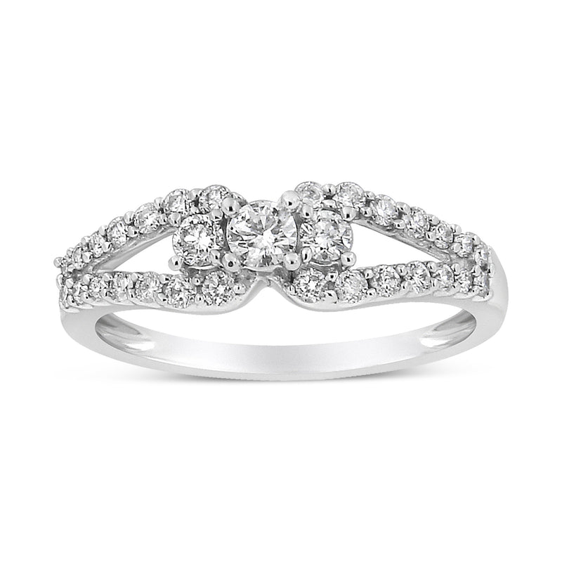 Bids.com 10K White Gold 1/2 Cttw Round Cut Diamond Three Stone Split Shank Band Ring (H-I Color, SI1-SI2 Clarity) - Size 6 Rings