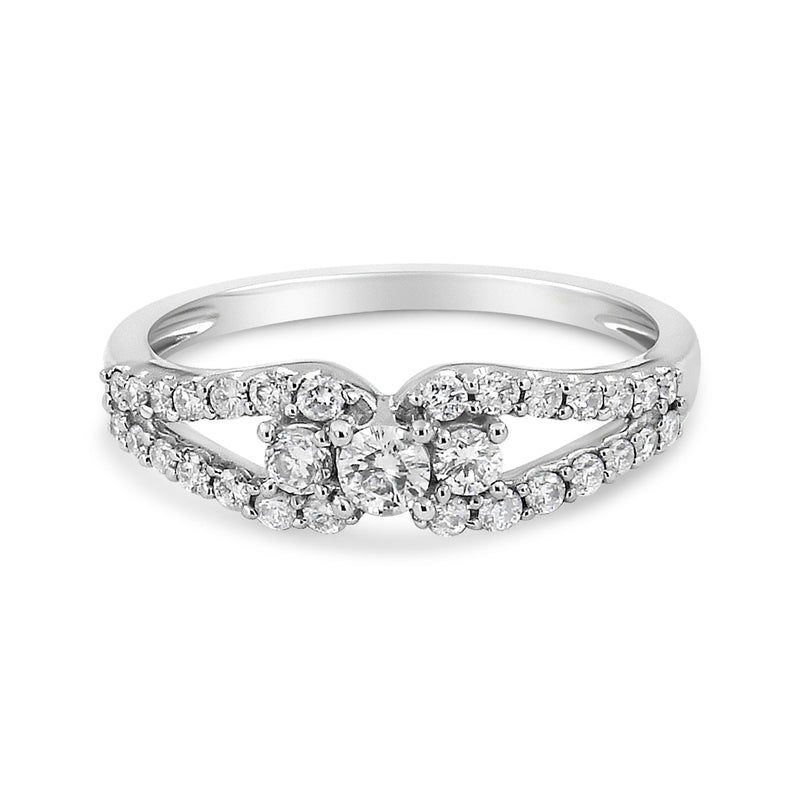 Bids.com 10K White Gold 1/2 Cttw Round Cut Diamond Three Stone Split Shank Band Ring (H-I Color, SI1-SI2 Clarity) - Size 6 Rings