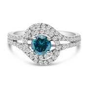 Bids.com 14K White Gold 1-1/3 Cttw White & Blue Diamond Interweaving Double Halo Cocktail Statement Ring (G-H and Fancy Blue Color, SI2-I1 Clarity) - Size 6 Rings