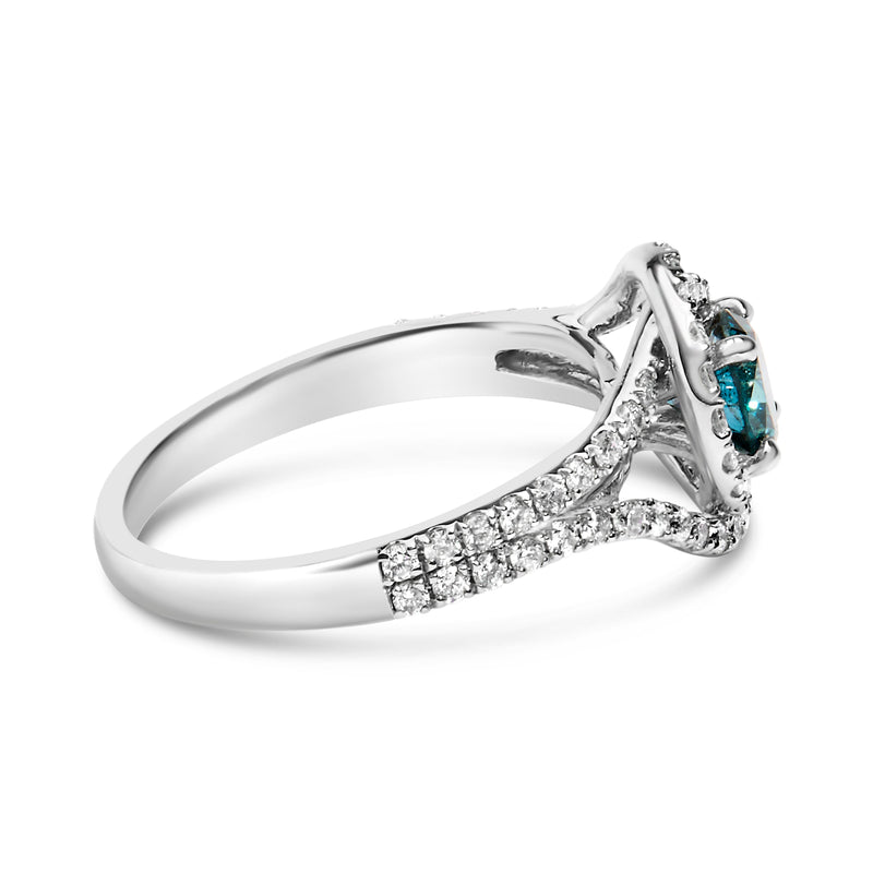 Bids.com 14K White Gold 1-1/3 Cttw White & Blue Diamond Interweaving Double Halo Cocktail Statement Ring (G-H and Fancy Blue Color, SI2-I1 Clarity) - Size 6 Rings