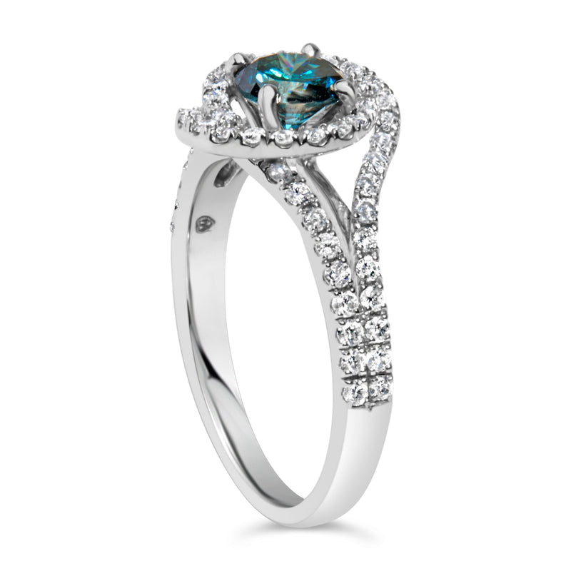 Bids.com 14K White Gold 1-1/3 Cttw White & Blue Diamond Interweaving Double Halo Cocktail Statement Ring (G-H and Fancy Blue Color, SI2-I1 Clarity) - Size 6 Rings