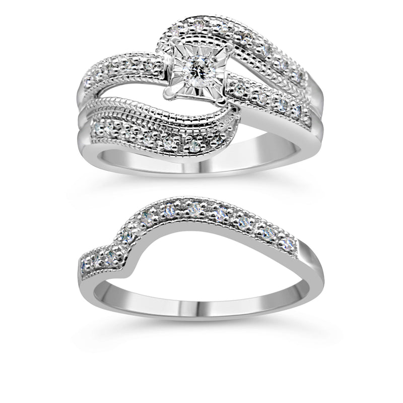 Bids.com .925 Sterling Silver 1/3 Cttw Round Diamond Crisscross Engagement Ring Bridal Set (H-I Color, I1-I2 Clarity ) - Size 7 Rings