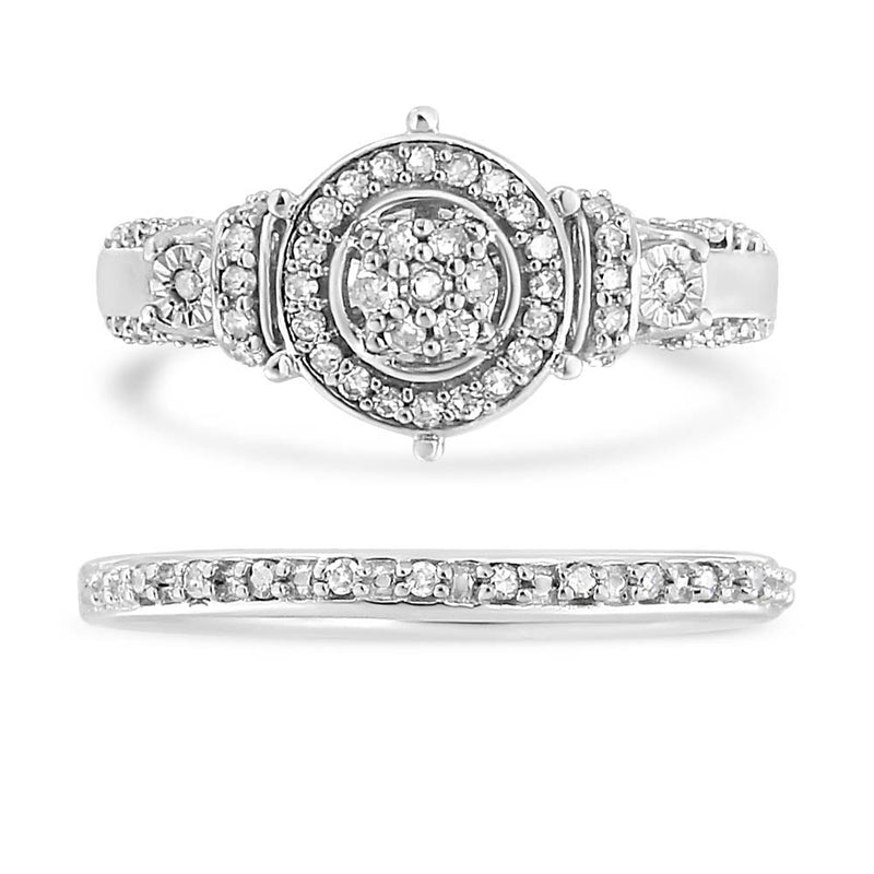 Bids.com .925 Sterling Silver 1/3 Cttw Diamond 7 Stone Cluster and Halo Engagement Ring and Wedding Band Set (I-J Color, I1-I2 Clarity) - Size 7 Rings