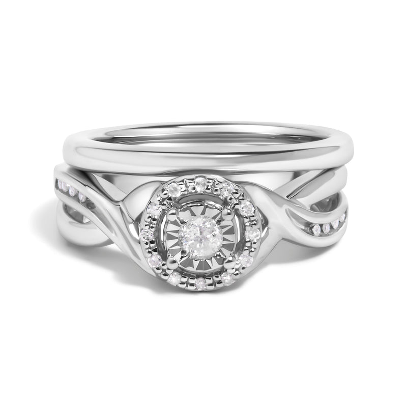 Bids.com .925 Sterling Silver 1/7 Cttw Diamond Halo Bypass Engagement Ring and Wedding Band Set (I-J Color, I3 Clarity)- Size 7 Rings