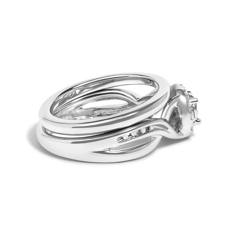 Bids.com .925 Sterling Silver 1/7 Cttw Diamond Halo Bypass Engagement Ring and Wedding Band Set (I-J Color, I3 Clarity)- Size 7 Rings