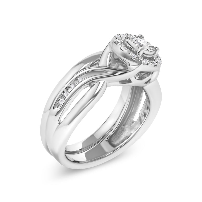 Bids.com .925 Sterling Silver 1/7 Cttw Diamond Halo Bypass Engagement Ring and Wedding Band Set (I-J Color, I3 Clarity)- Size 7 Rings