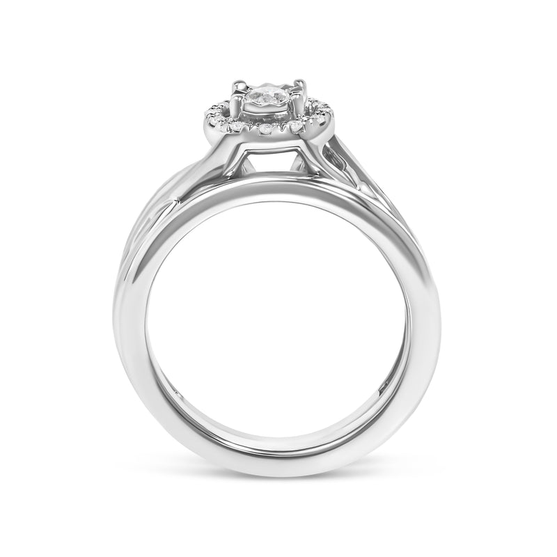 Bids.com .925 Sterling Silver 1/7 Cttw Diamond Halo Bypass Engagement Ring and Wedding Band Set (I-J Color, I3 Clarity)- Size 7 Rings