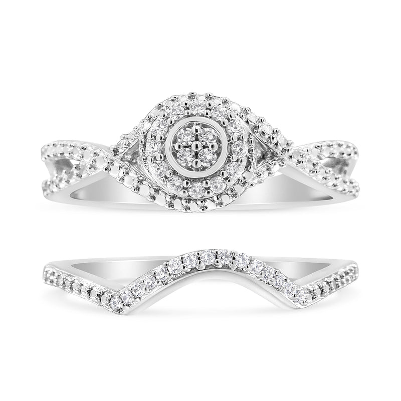 Bids.com .925 Sterling Silver 1/6 Cttw Diamond Composite Halo and Split Shank Bridal Set Ring and Band  (I-J Color, I3 Clarity) - Size 7 Rings