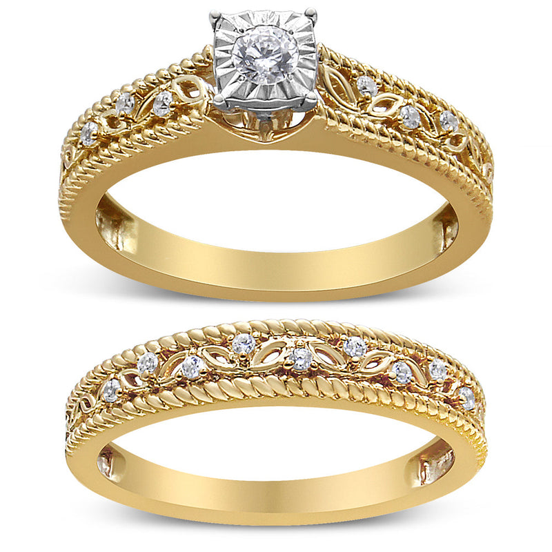 Bids.com 14K Yellow Gold Plated .925 Sterling Silver 1/5 Cttw Diamond Art Deco Style Engagement Ring Bridal Set (I-J Color, I3 Clarity) - Ring Size 7 Rings