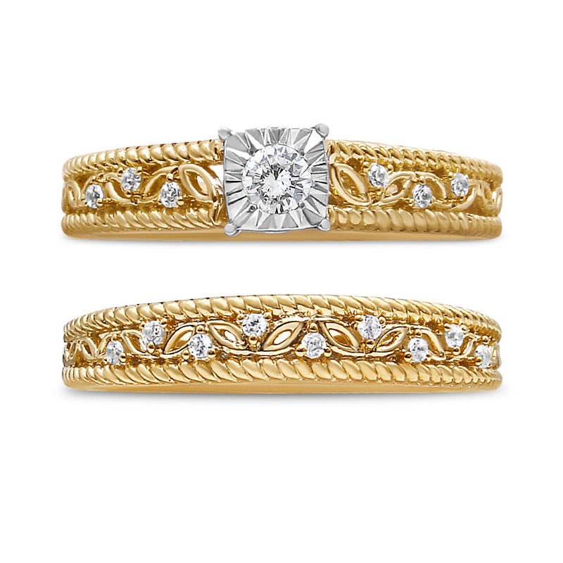 Bids.com 14K Yellow Gold Plated .925 Sterling Silver 1/5 Cttw Diamond Art Deco Style Engagement Ring Bridal Set (I-J Color, I3 Clarity) - Ring Size 7 Rings