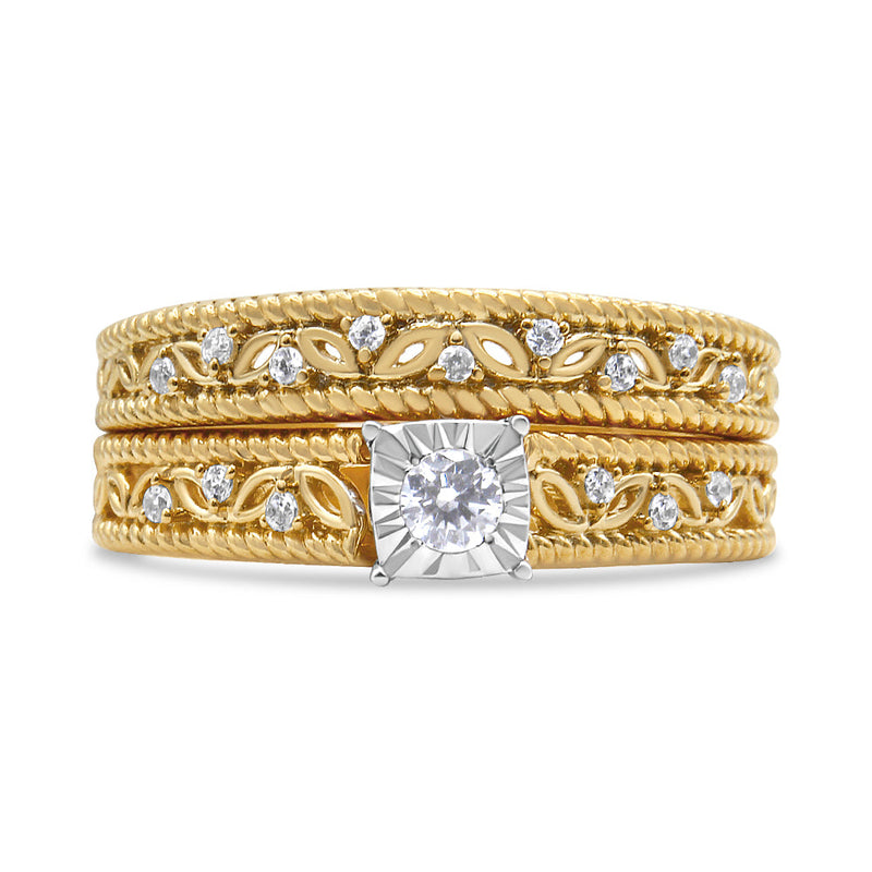 Bids.com 14K Yellow Gold Plated .925 Sterling Silver 1/5 Cttw Diamond Art Deco Style Engagement Ring Bridal Set (I-J Color, I3 Clarity) - Ring Size 7 Rings