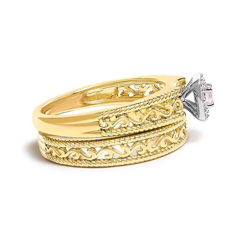 Bids.com 14K Yellow Gold Plated .925 Sterling Silver 1/5 Cttw Diamond Halo and Milgrain Finish Engagement Ring Bridal Set (I-J Color I3 Clarity) - Size 7 Rings