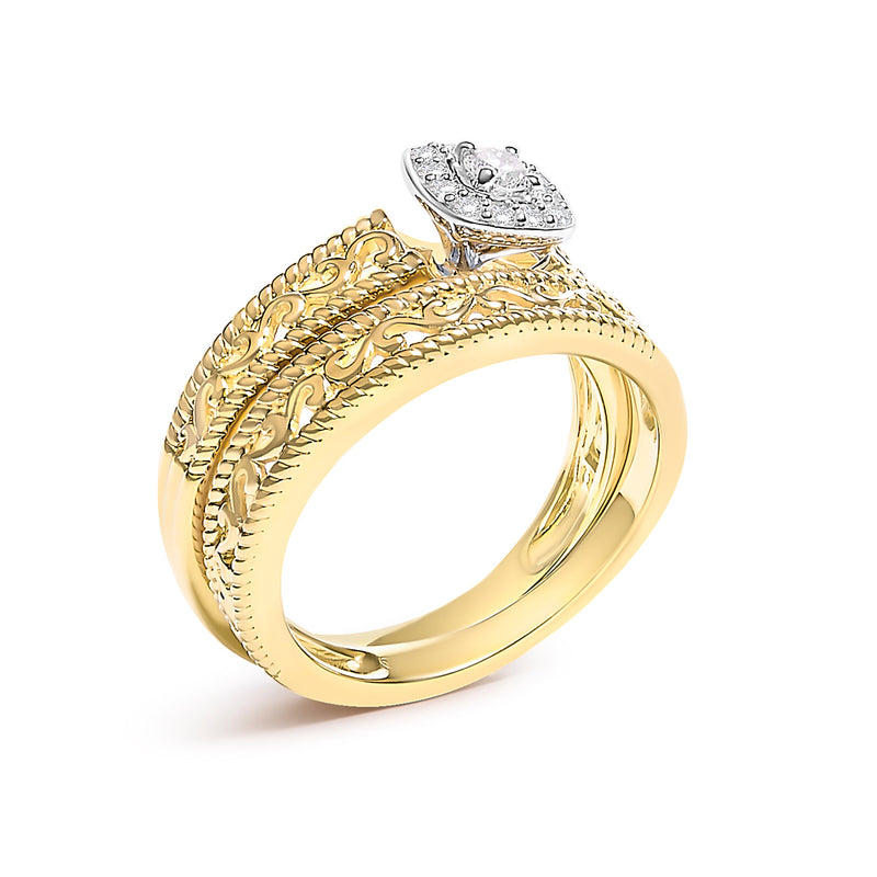 Bids.com 14K Yellow Gold Plated .925 Sterling Silver 1/5 Cttw Diamond Halo and Milgrain Finish Engagement Ring Bridal Set (I-J Color I3 Clarity) - Size 7 Rings