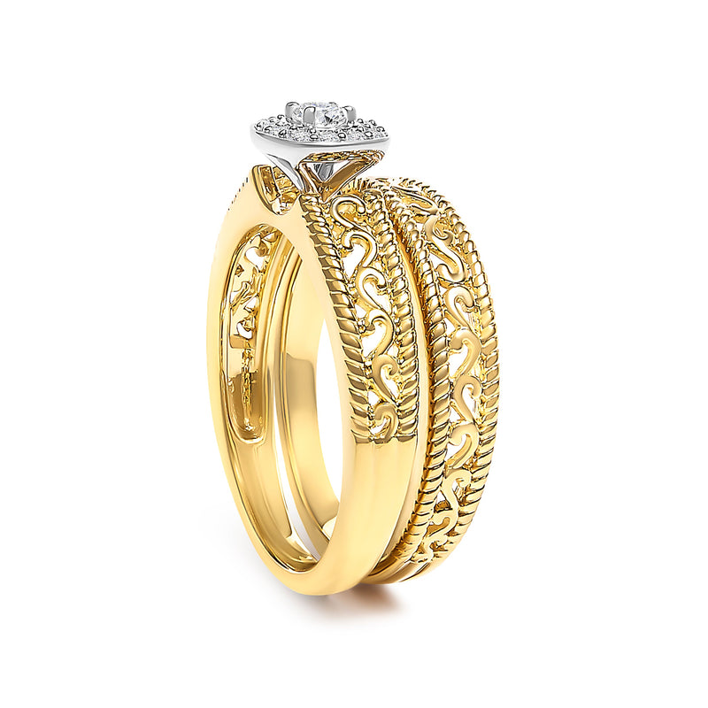 Bids.com 14K Yellow Gold Plated .925 Sterling Silver 1/5 Cttw Diamond Halo and Milgrain Finish Engagement Ring Bridal Set (I-J Color I3 Clarity) - Size 7 Rings