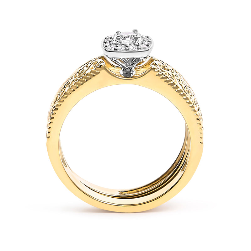 Bids.com 14K Yellow Gold Plated .925 Sterling Silver 1/5 Cttw Diamond Halo and Milgrain Finish Engagement Ring Bridal Set (I-J Color I3 Clarity) - Size 7 Rings