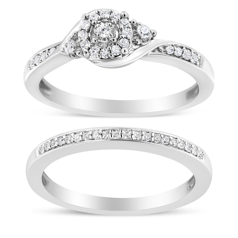 Bids.com .925 Sterling Silver 1/4 Cttw Diamond Halo and Swirl Engagement Ring and Wedding Band Set (I-J Color, I3 Clarity)- Ring Size 7 Rings