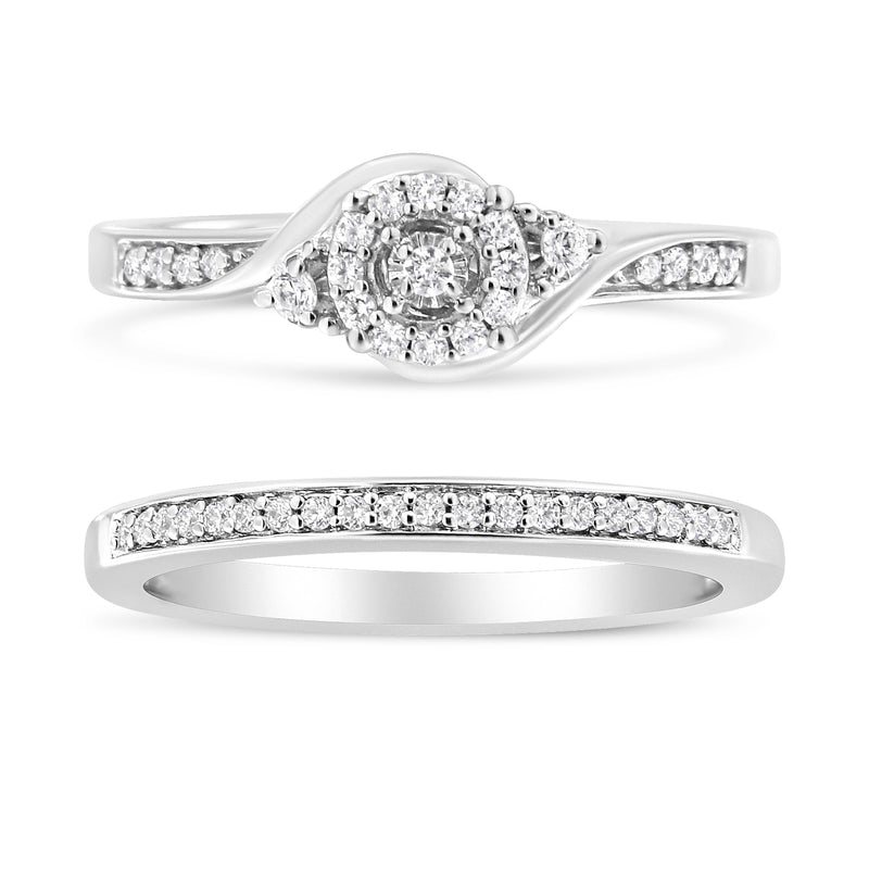Bids.com .925 Sterling Silver 1/4 Cttw Diamond Halo and Swirl Engagement Ring and Wedding Band Set (I-J Color, I3 Clarity)- Ring Size 7 Rings